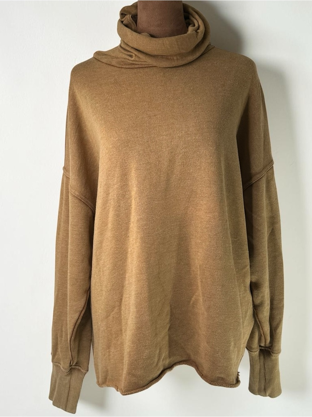 Aerie Oversized Cowl Neck Sweatshirt Small Brown Camel Slouchy Raw Hem